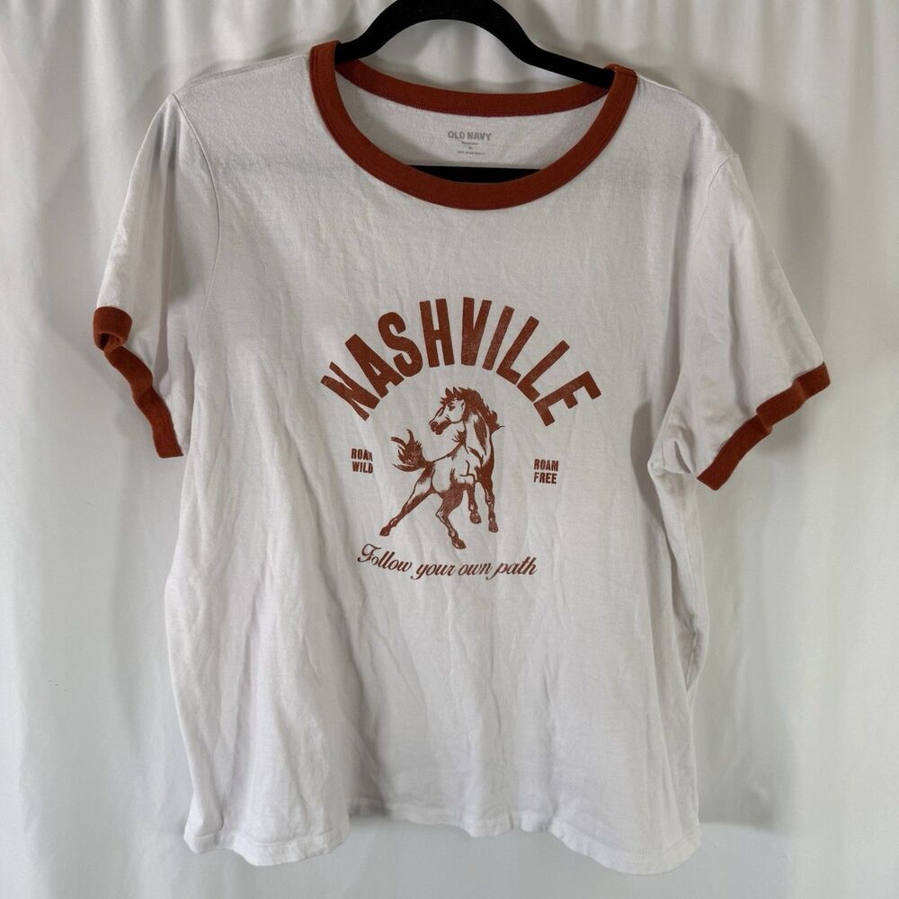 Old Navy Shirt Women's XL White Orange Short Sleeve Crew Neck 100% Cotton - Picture 1 of 7